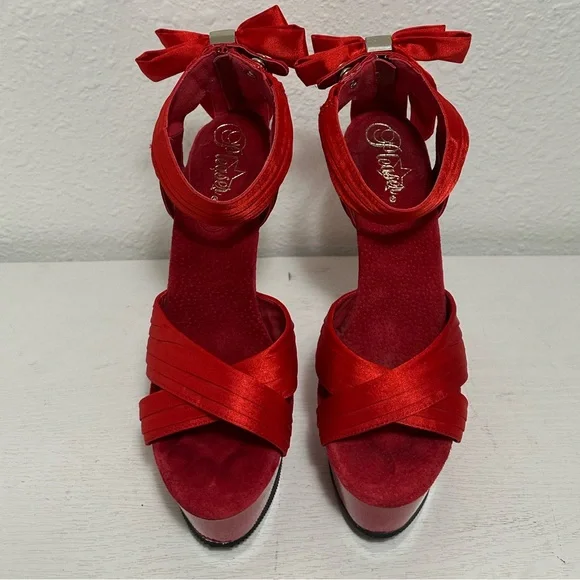 Pleaser delight Red Satin Platform Ankle-Tie High Heel Sandal - Picture 8 of 12